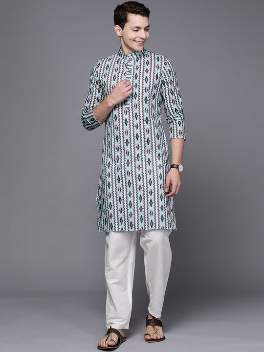 Indo Era Blue Ethnic Motifs Cotton Straight Kurtas
