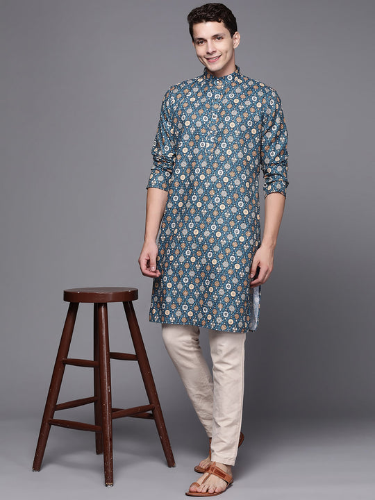 Indo Era Blue Ethnic Motifs Cotton Straight Kurtas
