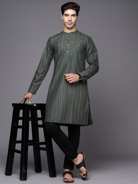 Indo Era Green Herringbone Cotton Straight Kurtas