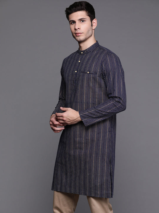 Navy Blue Herringbone Cotton Straight Kurtas