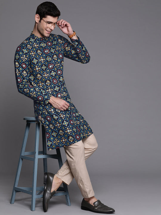Navy Blue Block Print Cotton Straight Kurtas