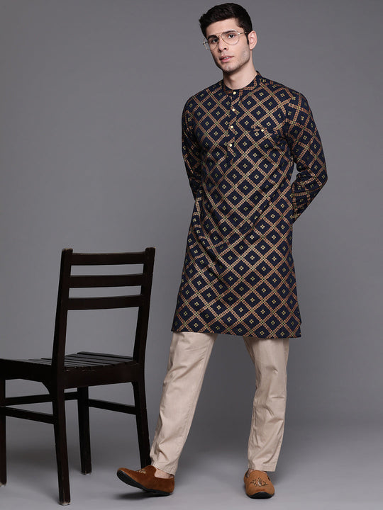 Indo Era Navy Blue Bandhani Cotton Straight Kurtas