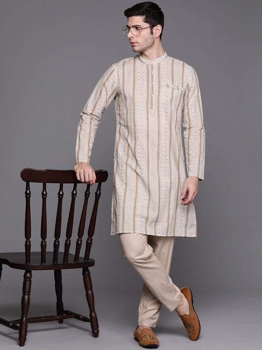 Indo Era Off White Multi Stripes Cotton Straight Kurtas