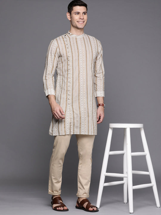 Indo Era Off White Bengal Stripes Cotton Straight Kurtas