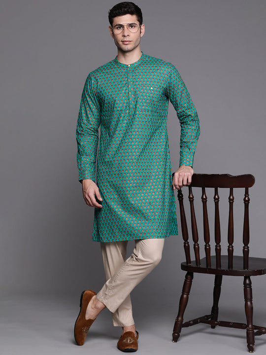 Indo Era Sea Green Ethnic Motifs Cotton Straight Kurtas