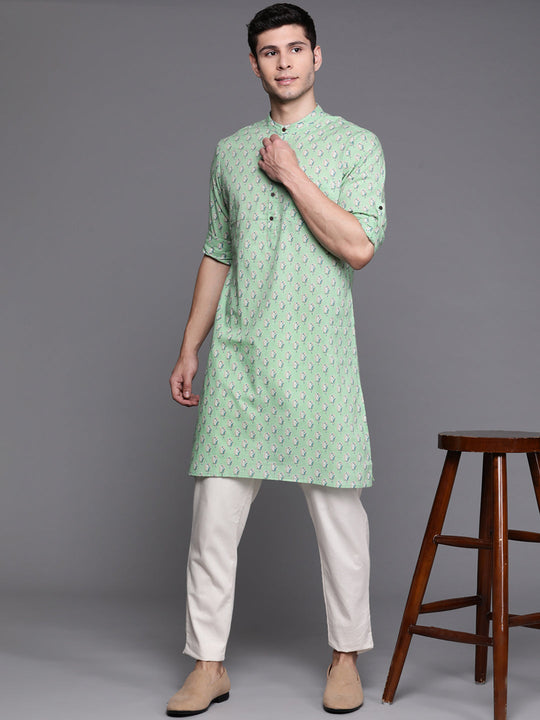 Indo Era Sea Green Ethnic Motifs Cotton Straight Kurtas
