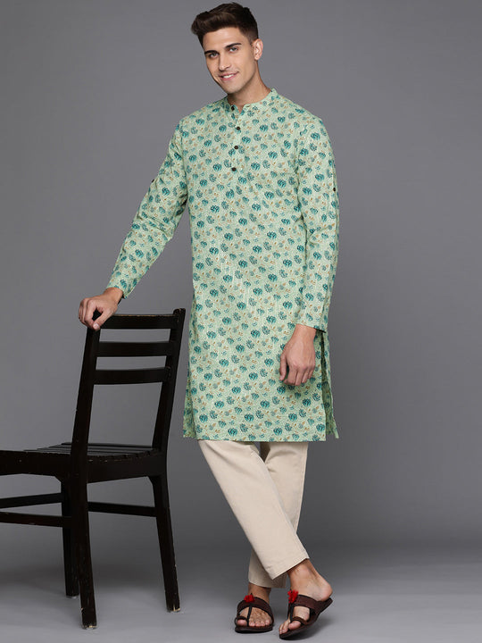 Indo Era Sea Green Floral Cotton Straight Kurtas