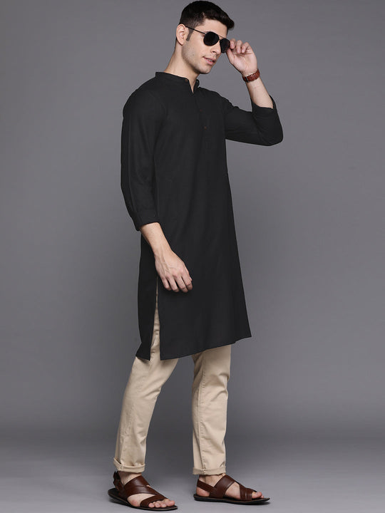 Indo Era Black Solid Cotton Blend Straight Kurtas