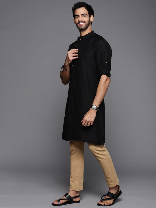 Indo Era Black Embroidered Cotton Straight Kurtas