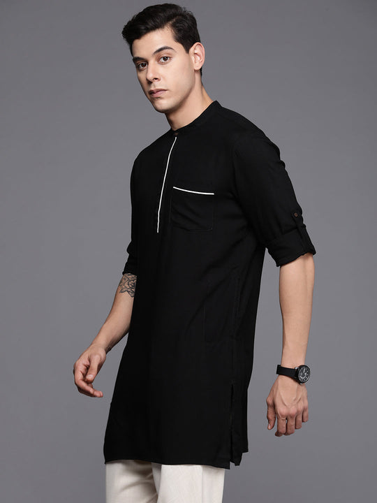 Indo Era Black Textured Cotton Blend Straight Kurtas
