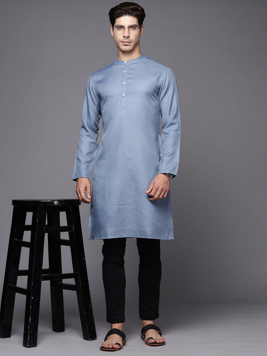 Indo Era Blue Solid Cotton Straight Kurtas