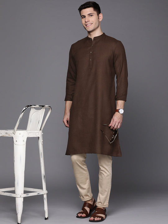 Indo Era Brown Solid Cotton Blend Straight Kurtas