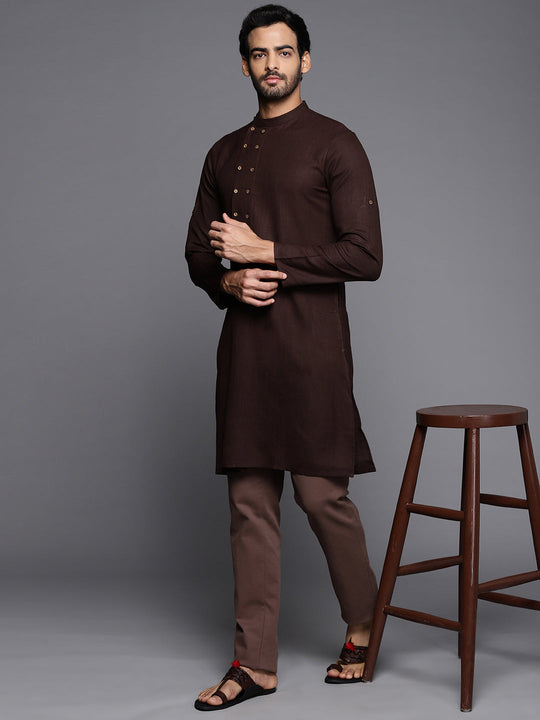 Indo Era Brown Embroidered Cotton Straight Kurtas