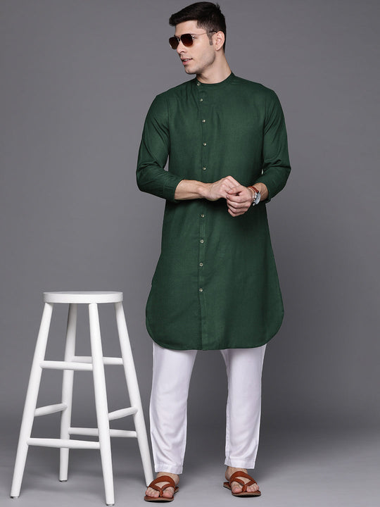 Indo Era Green Solid Cotton Blend Straight Kurtas