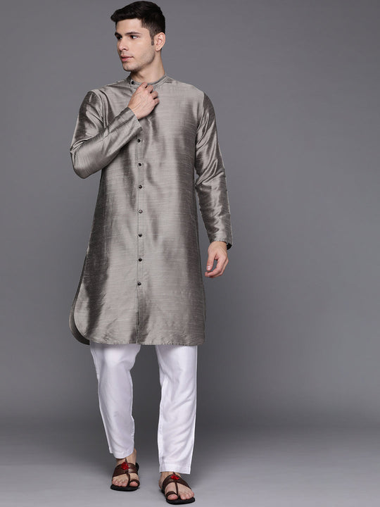 Indo Era Grey Solid Liva Straight Kurtas
