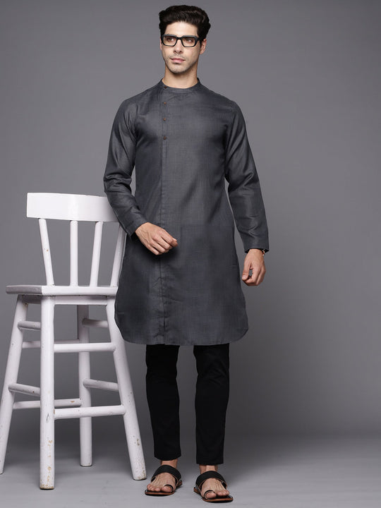 Indo Era Grey Solid Cotton Straight Kurtas