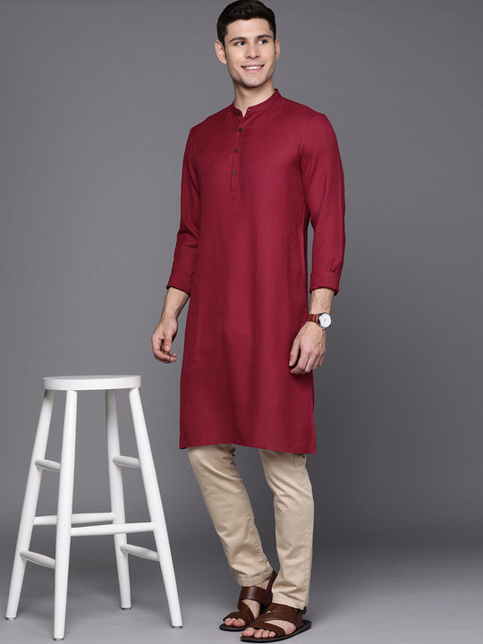 Indo Era Maroon Solid Cotton Blend Straight Kurtas