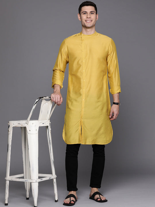 Indo Era Yellow Solid Liva Straight Kurtas