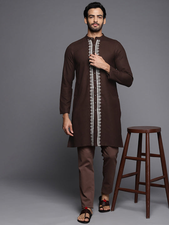 Indo Era Brown Embroidered Cotton Straight Kurtas