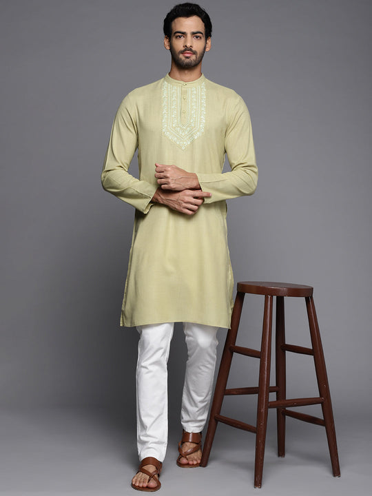 Indo Era Green Embroidered Cotton Straight Kurtas
