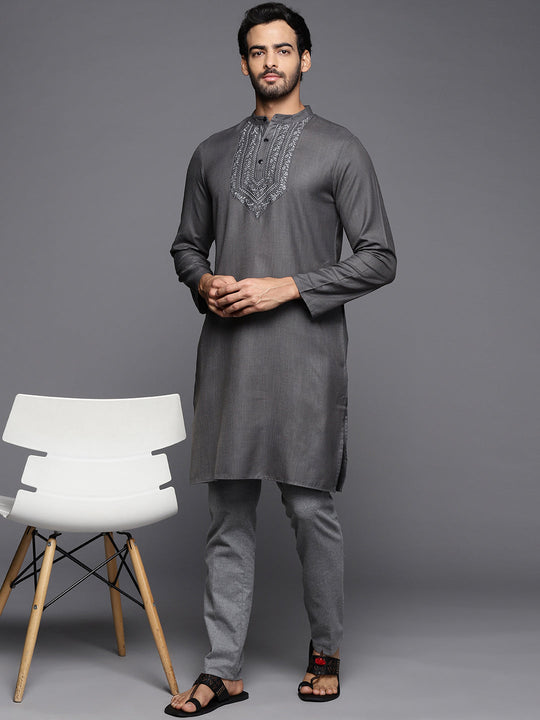 Indo Era Grey Embroidered Cotton Straight Kurtas