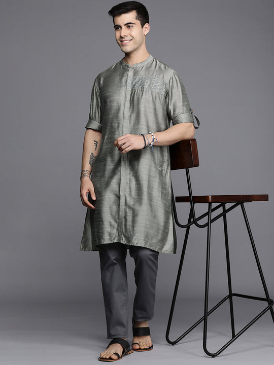 Indo Era Grey Embroidered Cotton Straight Kurtas
