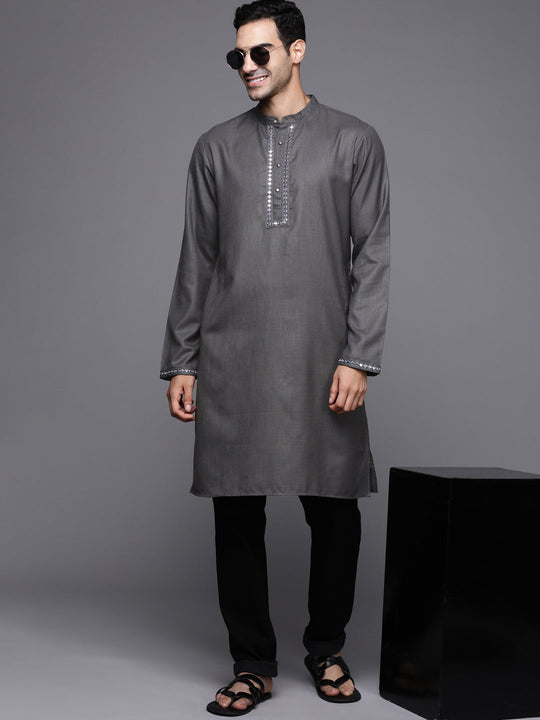 Indo Era Grey Embroidered Cotton Blend Straight Kurtas
