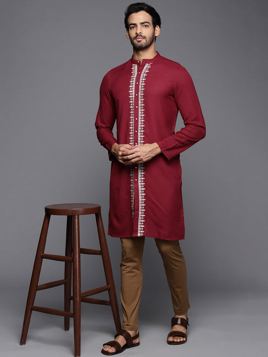 Indo Era Maroon Embroidered Cotton Straight Kurtas