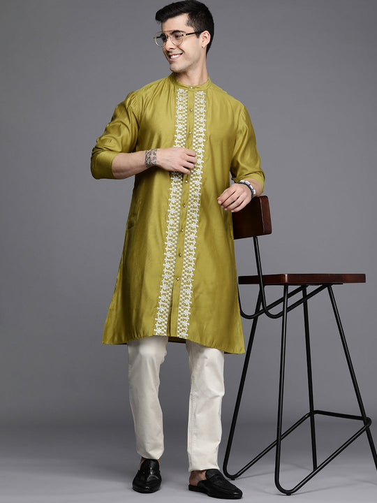 Indo Era Olive Embroidered Liva Straight Kurtas