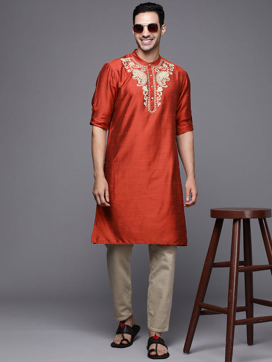Indo Era Orange Embroidered Cotton Blend Straight Kurtas