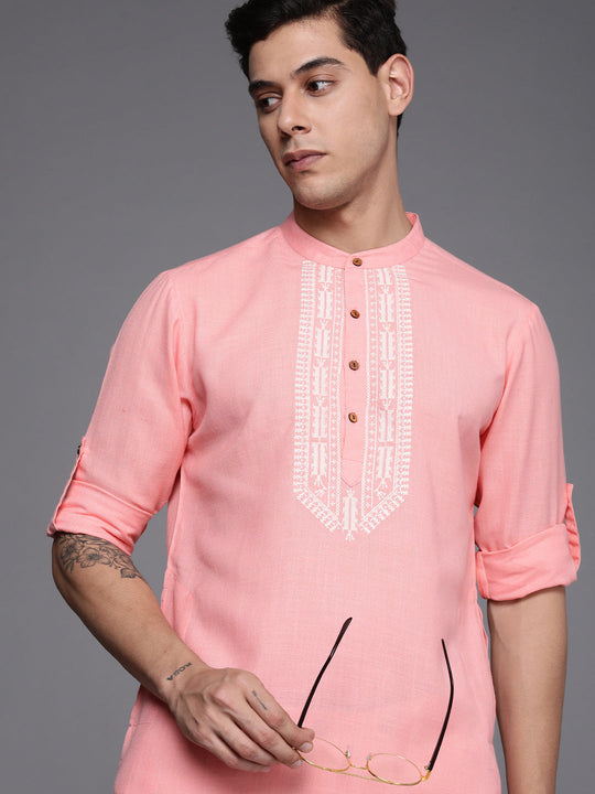 Indo Era Pink Embroidered Cotton Straight Kurtas