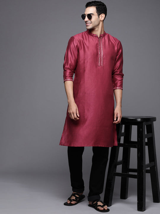 Indo Era Purple Embroidered Cotton Blend Straight Kurtas