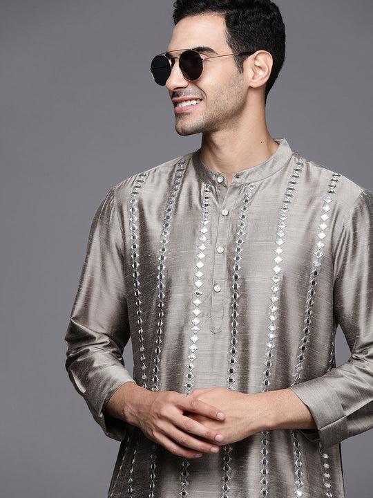 Indo Era Grey Embroidered Cotton Blend Straight Kurtas