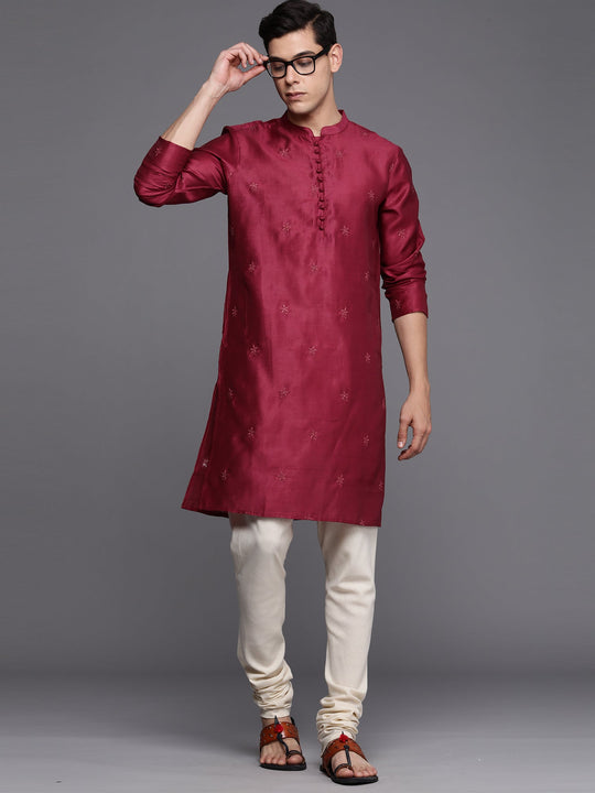 Indo Era Wine Embroidered Cotton Blend Straight Kurtas