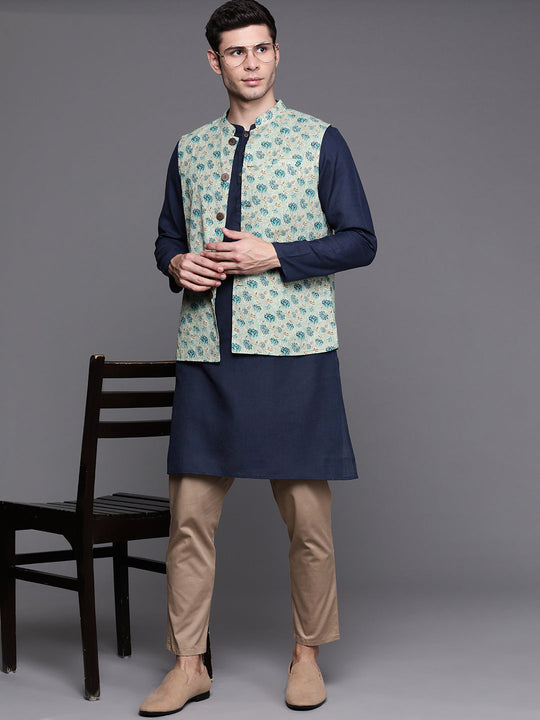 Indo Era Navy Blue Solid Cotton Straight Kurtas