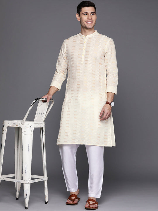 Indo Era Off White Woven Design Cotton Straight Kurtas
