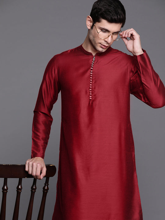 Indo Era Maroon Solid Chanderi Cotton Straight Kurtas