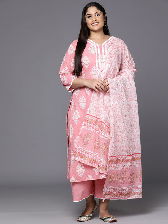 Indo Era Plus Size Pink Floral Regular Kurta with Palazzos & Dupatta