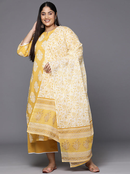 Indo Era Plus Size Yellow Floral Khari Print Gotta Patti Kurta with Palazzos & Dupatta