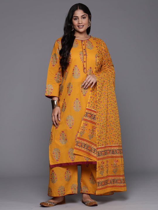 Indo Era Plus Size Mustard Printed Straight Kurta Palazzos With Dupatta Set
