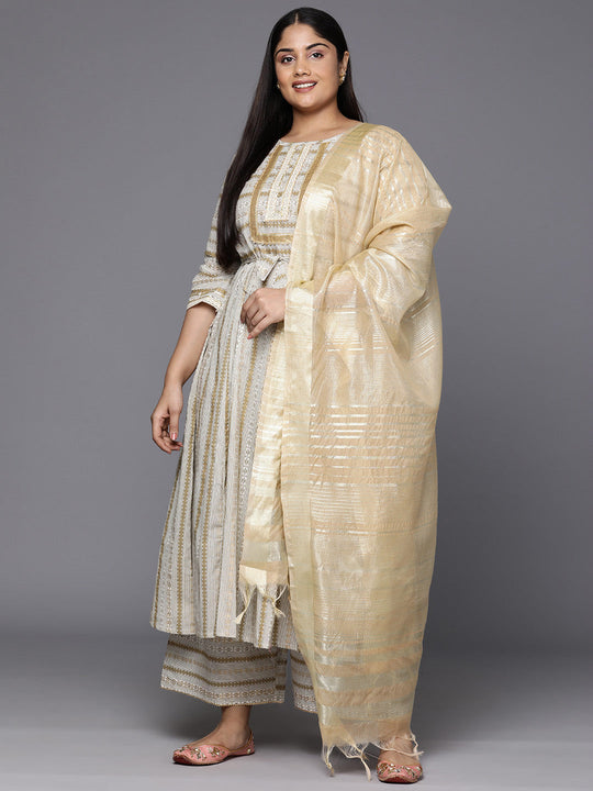 Indo Era Plus Size Off White Printed Regular Sequinned Kurta with Palazzos & Dupatta