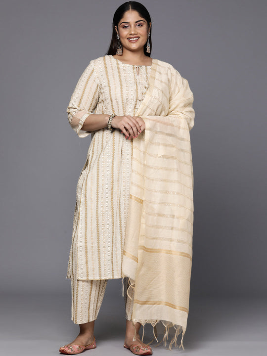 Indo Era Plus Size Off White Printed Tie-Up Neck Kurta with Palazzos & Dupatta