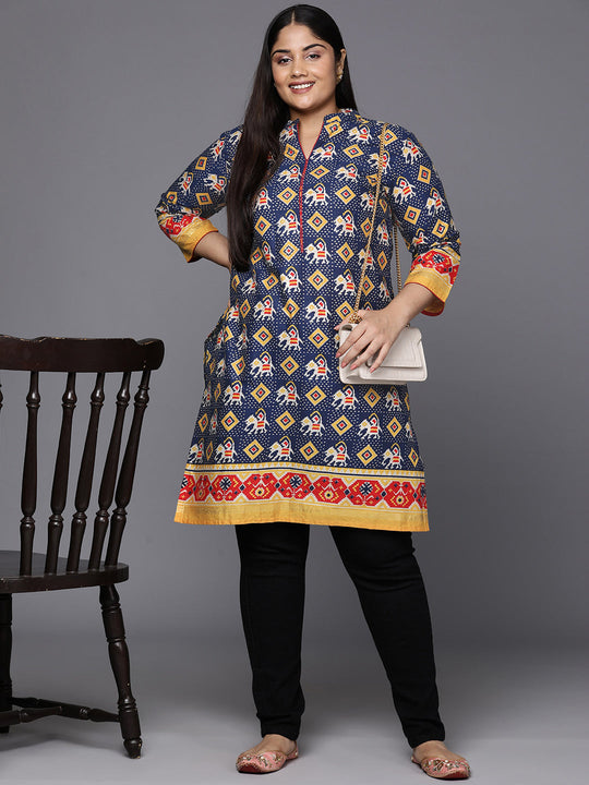 Plus Size Navy Blue Geometric Foil Printed Kurta