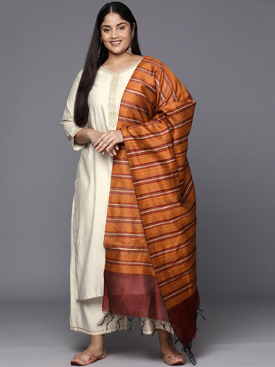 Indo Era Plus Size Off White Embroidered Regular Sequinned Kurta with Palazzos & Dupatta