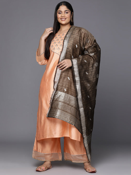 Indo Era Plus Size Peach Ethnic Motifs Embroidered Sequinned Kurta with Palazzos & Dupatta