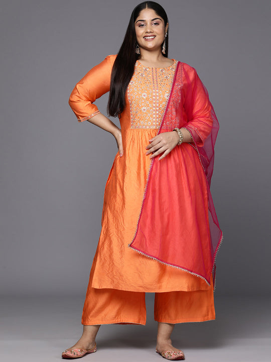 Indo Era Plus Size Orange Ethnic Motifs Yoke Design Sequinned Kurta with Palazzos & Dupatta