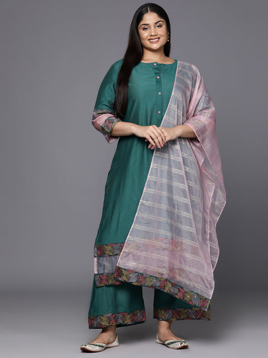 Indo Era Plus Size Teal Floral Embroidered Regular Thread Work Kurta with Palazzos & Dupatta