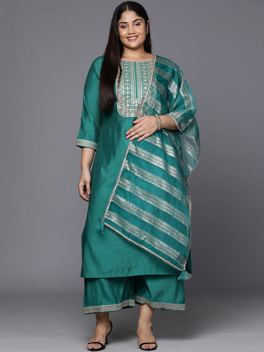 Indo Era Plus Size Teal Floral Embroidered Regular Sequinned Kurta with Palazzos & Dupatta