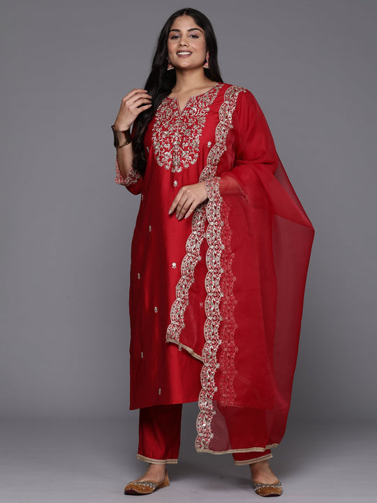 Indo Era Plus Size Red Embroidered Straight Kurta Trousers With Dupatta Set