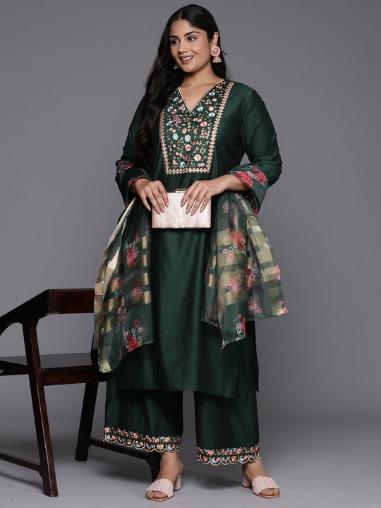 Indo Era Plus Size Green Embroidered Straight Kurta Palazzos With Dupatta Set